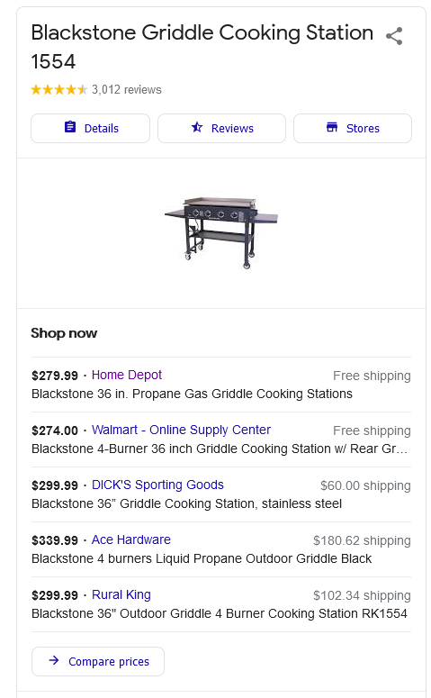 Product result page for Blackstone Griddle Cooking Station 1554