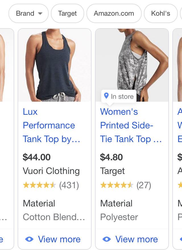 Google shopping ad showing a tank top material as Cotton Blend