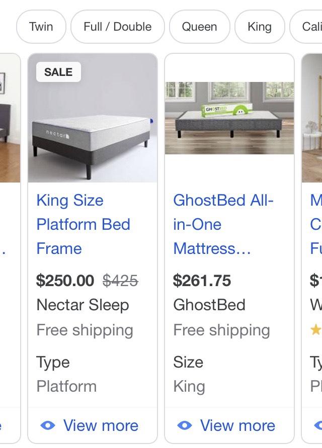 Google shopping ad listing the type as platform and size as king for two beds