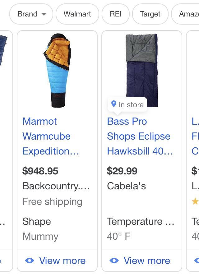 Google shopping ad listing with extra properties for sleeping bags