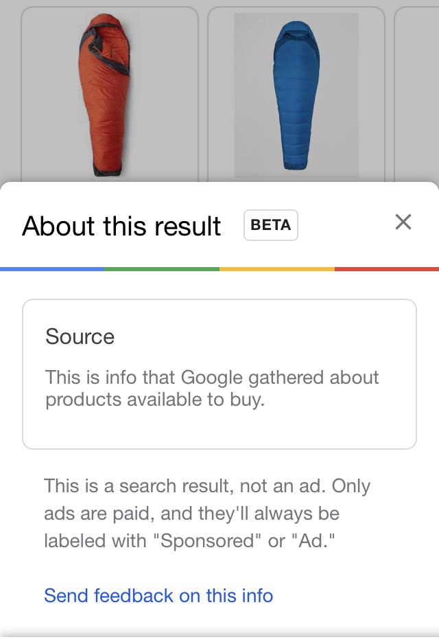 Google disclaimer that the Google Shopping listing is gathered by Google, not an ad.
