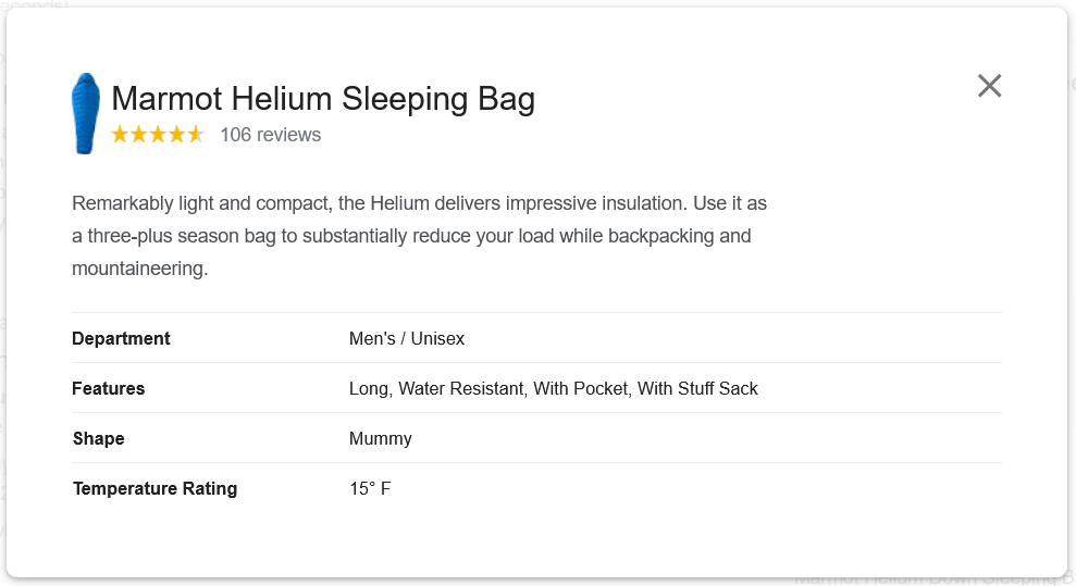 Google Shopping listing more details, including more product properties like the shape and temperature for a sleeping bag