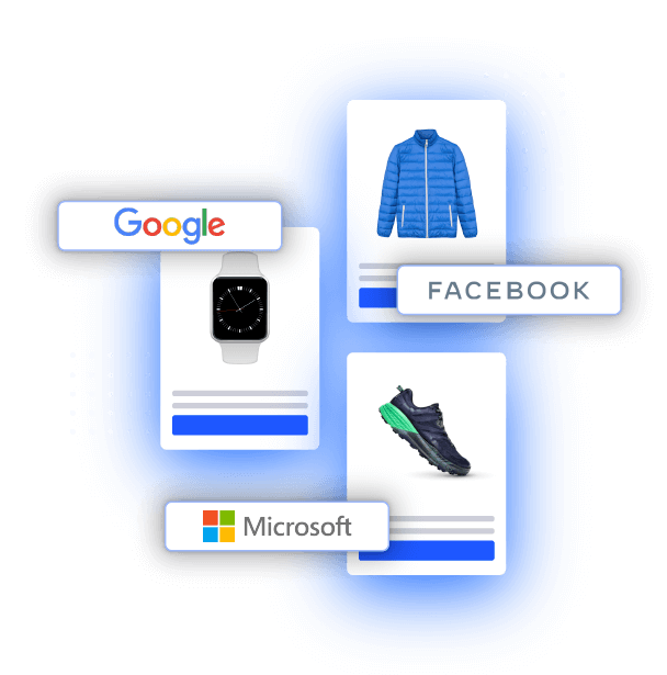 Jacket, watch, and sneaker product listings with Google, Facebook, and Microsoft logos