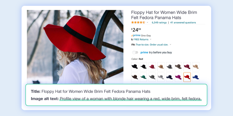 Hat product image with its associated alt text highlighted underneath