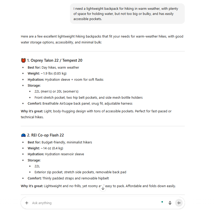 Example of shopping with AI tool